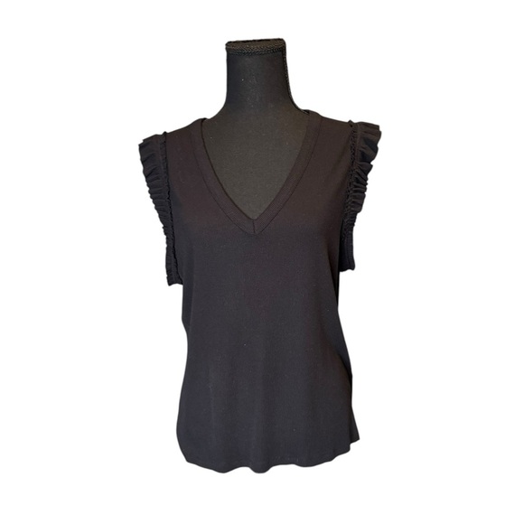 Nine West Black Ruffle Sleeve Tank Top | XL | Stretch Ribbed Knit V-Neck Blouse - Picture 1 of 6